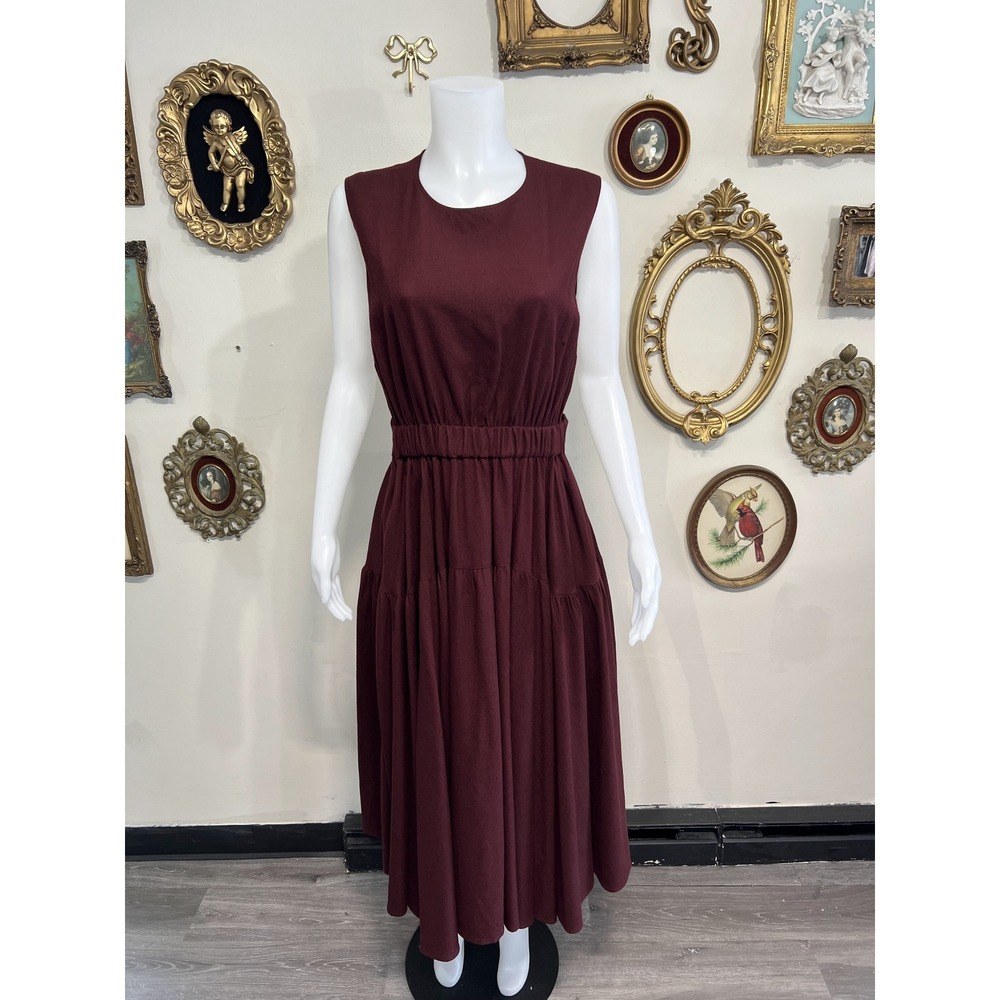 Aspesi Luxury Burgundy Sleeveless Midi Dress Tiered Skirt Elastic Waist Size 44